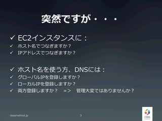 ͻȻǤ???
?? EC2󥹥󥹤ˣ
?? ۥǤĤʤޤ
?? IPɥ쥹ǤĤʤޤ
?? ۥʹ?DNSˤϣ
?? `ХIPhޤ
?? `IPhޤ
?? I?hޤ???ǤϤޤ󤫣
classmethod.jp 3
 