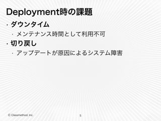 Deployment時の課題 
• ダウンタイム 
• メンテナンス時間として利用不可 
• 切り戻し 
• アップデートが原因によるシステム障害 
Ⓒ Classmethod, Inc. 
5 
 
