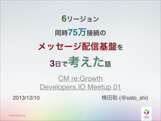 6リージョン 
同時75万接続の 

メッセージ配信基盤を 
3日で考えた話
CM re:Growth 
Developers.IO Meetup 01
横田聡 (@sato_shi)

2013/12/10
1
classmethod.jp

 