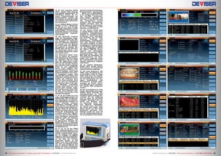 14
15
16
17
18
19
20
24
25
26
27
28
21
22
23
34 35TELE-audiovision International — The World‘s Largest Digital TV Trade Magazine — 09-10/2013 — www.TELE-audiovision.com www.TELE-audiovision.com — 09-10/2013 — TELE-audiovision International — 全球发行量最大的数字电视杂志
14. Es wird zwischen SaTCR
(SCR – Single Cable Routing)
und DiSEqC umgeschaltet. Im
SCR-Modus können die ein-
zelnen Frequenz-Fenster der
Antennendosen flexibel edi-
tiert werden, so dass der S7000
mit praktisch allen SCR-Schal-
tern harmoniert.
15. Im DiSEqC-Modus können
DiSEqC 1.0 und 1.1 Multischal-
ter (für bis zu 4 oder 16 LNB-
Eingange) angesteuert werden
sowie DiSEqC 1.2 Positionierer.
Außerdem können auch simple
Tonburst-Schalter angespro-
chen werden.
16. Die Sat-Finder Funktion
zeigt den Signalpegel ausge-
wählter Transponder des akti-
ven Satelliten an. Wahlweise
kann ein Signalton zugeschal-
tet werden, um die Antenne
auch ohne Blick zum Messge-
rät justieren zu können. Der
Satellit kann mit den Pfeil-Tas-
ten gewechselt werden, ohne
dass dieser Bildschirm verlas-
sen werden muss.
Das Besondere dieser Funk-
tion ist jedoch die automati-
sche Berechnung des Azimut,
der Elevation und des Skew
des LNB. Diese Daten werden
dank der GPS-Antenne ermit-
telt und die aktuelle Position
wird natürlich auch angezeigt.
Sollte es aus irgendeinem
Grund nicht möglich sein,
die geografische Position per
GPS zu ermitteln, kann diese
selbstverständlich auch manu-
ell eingegeben werden. Dies
mag auf dem ersten Blick nicht
besonders wichtig erscheinen,
werden die Antennen doch
stets im Freien montiert. Doch
was ist, wenn der Installateure
die Antenne schon in der eige-
nen Werkstatt vorjustieren
möchte, damit diese nur noch
schnell beim Kunden aufge-
baut werden muss? Dann kann
es sehr wohl praktisch sein,
die Position des Kunden vorab
manuell einzugeben.
17, 18, 19. Der S7000 ist in der
Lage, Empfangsparameter wie
Symbol Rate, FEC und Modula-
tion automatisch zu erkennen.
Viele Messgeräte scheitern an
dieser scheinbar einfachen
Aufgabund benötigen daher
stets aktuelle und speziell für
den Einsatz eingerichtete Kan-
allisten. Nicht so der Deviser
S7000: das Gerät erkennt diese
Parameter selbstständig und
in extrem kurzer Zeit. Tatsäch-
lich kann man mit dem Marker
einen beliebigen Transponder
anfahren (oder die Frequenz
auch direkt eingeben) und
im Messmodus ermittelt der
S7000 sofort in 1-3 Sekunden
sämtliche Empfangsparameter
und zeigt simultan auch gleich
die Messwerte an.
20, 21, 22, 23, 24. Der S7000
kann selbstverständlich auch
Audio und Video abspielen und
enthält entsprechende Deco-
der für analoge und digitale
Signale in MPEG2 und MPEG4.
Jederzeit kann diese Betriebs-
art mit Hilfe der TV-Taste
aufgerufen werden. Ist das
Signal noch nicht eingerastet,
weil man zum Beispiel gerade
erst im Spektrum-Modus den
Marker auf einen Transponder
bewegt hat, ermittelt das Mess-
gerät die entsprechenden Emp-
fangsparameter selbstständig
- genau wie im Mess-Modus.
In nur wenigen Sekunden wird
das Live-Bild unverschlüs-
selter Sender angezeigt und
man kann in der Service-Liste
des Transponders schnell
zwischen den verschiedenen
Kanälen wechseln, denn der
S7000 glänzt mit Umschaltzei-
ten von 1-3 Sekunden, je nach
Signalart und Modulation.
25. Der Deviser S7000 stellt
in diesem Modus sogar einen
kompletten Transportstream
Analyzer zur Verfügung.-Diese
Funktionen zielen besonders
auf Techniker, die für Kopf-
stationen, Empfangs- und
Sendeanlagen verantwortlich
sind. Alle Anaylzer Funktio-
nen stehen übrigens für jeden
empfangenen Transportstream
zur Verfügung, egal ob dieser
von den eingebauten DVB-S/
S2, DVB-C, DVB-T/H Tunern
stammt, vom ASI-Eingang
oder z.B. einer externen Trans-
portstream-Datei. Das erste
Bild zeigt die Hauptdaten des
Transportstreams. Die Band-
breite wird angezeigt sowie
NIT Informationen und grund-
legende statistische Angaben
zum Stream.
26. Im zweiten Bildschirm,
EVENT INFO, werden weitere
Informationen zur Qualität des
Transportstream angezeigt.
27. Der dritte Bildschirm, PID
VIEW, zeigt die Belegung der
verschiedenen PIDs an. Diese
Daten sind auch für Installa-
teure wichtig, denn sie können
bei der Einrichtung von klei-
neren Kopfstationen und
IPTV-Servern wichtige Rück-
schlüsse auf Fehler liefern,
zum Beispiel wenn versehent-
lich falsche PIDs konfiguriert
wurden.
28. Der vierte Bildschirm, Prog
Graph, zeigt Details zum ange-
wählten Kanal innerhalb des
Transportstreams an. Diese
Parameter geben wichtige Auf-
schlüsse auf die Auflösung
und vor allem die genutzten
CODECS. Beschwert sich ein
Kunde zum Beispiel, dass
ein bestimmter Kanal nicht
vom Receiver wiedergege-
ben werden kann, dann kann
der Grund darin liegen, dass
dieser Kanal mit von Profi-
Equipment genutzten 4:2:2
Chroma kodiert ist, statt mit
dem für handelsübliche Recei-
ver verwendeten 4:2:0 Chroma.
 