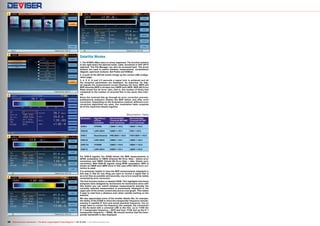 1
2
6
3
4
5
30 TELE-audiovision International — The World‘s Largest Digital TV Trade Magazine — 09-10/2013 — www.TELE-audiovision.com
Satellite Modes
1. The S7000’s Main menu is nicely organized. The function buttons
to the right select the desired mode: cable, terrestrial or SAT (IPTV
optional). The File Manager can also be accessed here. The arrow
buttons are used to switch between measurement, constellation
diagram, spectrum analyzer, Sat Finder and DiSEqC.
2. A push of the SETUP button brings up the correct LNB configu-
ration page.
3, 4, 5, 6. In just 2-3 seconds a signal lock is achieved and all
the reception parameters are displayed. As expected, for digi-
tal signals the measurement screen displays the level, MER and
BER whereby BER is divided into CBER and LBER. BER (Bit Error
Rate) shows the bit error ratio, that is, the number of faulty bits
compared to the number of received bits in the same time inter-
val.
Since the received bits go through an error correction process,
professional analyzers display the BER before and after error
correction. Depending on the modulation method, different error
correction algorithms are used. Our modulation table compiles
all of the important details together.
Modulation Table
Modulation Algorithmus
of Error
Correction
Recommended
Threshold BEFORE
Error Correction
Recommended
Threshold AFTER
Error Correction
DVB-S VITERBI CBER = <1E-6 VBER = <1E-8
DVB-S2 LDPC+BCH CBER = <1E-7 PER = <1E-8
DVB-C Reed-Solomon PRE-BER = <1E-6 POST-BER = <1E-8
DVB-C2 LDPC+BCH CBER = <1E-7 LBER = <1E-8
DVB-T/H VITERBI CBER = <1E-6 VBER = <1E-8
DVB-T2 LDPC+BCH CBER = <1E-7 LBER = <1E-8
For DVB-S signals, the S7000 shows the BER measurements in
QPSK modulation in CBER (Channel Bit Error Rate – before error
correction) and VBER (Viterbi Bit Error Rate – after Viterbi error
correction). With DVB-S2 signals using 8PSK modulation, BER is
shown as CBER and LBER since in this case LPDC+BCH error cor-
rection is used.
It is extremely helpful to have the BER measurements displayed in
this way in that for one thing you want to receive a signal that is
as error-free as possible and secondly, any errors would be totally
corrected by error correction.
The first function button is labeled VIEW. This highlights that these
analyzers were designed by technicians for technicians since with
this button you can switch between measurements whereby the
currently selected measurement is prominently displayed in the
upper part of the screen numerically and as a bar graph. This makes
it easy to read from a distance even when outside working on the
antenna.
We also appreciated some of the smaller details like, for example,
the ability of the S7000 to show the transponder frequency simulta-
neously in satellite IF form and actual downlink frequency. You no
longer have to convert the frequency (for example, the conversion
in the Ku-band with a universal LNB is like this: up to 11700 the
IF = transponder frequency – 9875 and from 11700 and up the IF =
transponder frequency – 10600). We should mention that the trans-
ponder bandwidth is also displayed.
 
