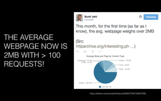 THE AVERAGE
WEBPAGE NOW IS
2MB WITH > 100
REQUESTS!
https://twitter.com/scottjehl/status/595827049136267266
 