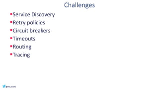 Challenges
▪Service Discovery
▪Retry policies
▪Circuit breakers
▪Timeouts
▪Routing
▪Tracing
 