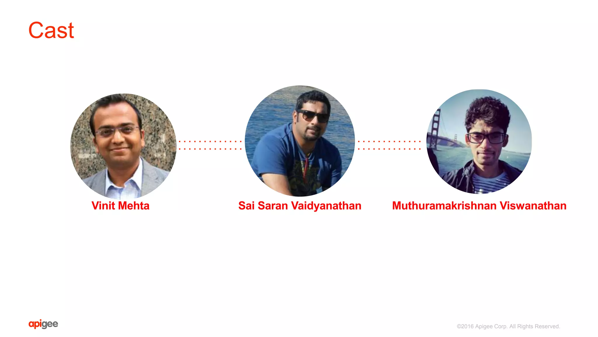 ©2016 Apigee Corp. All Rights Reserved.
Cast
Vinit Mehta Sai Saran Vaidyanathan Muthuramakrishnan Viswanathan
 