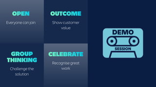 DEMO
OPEN
Everyone can join
OUTCOME
Show customer
value
CELEBRATE
Recognise great
work
GROUP
THINKING
Challenge the
solution
SESSION
 