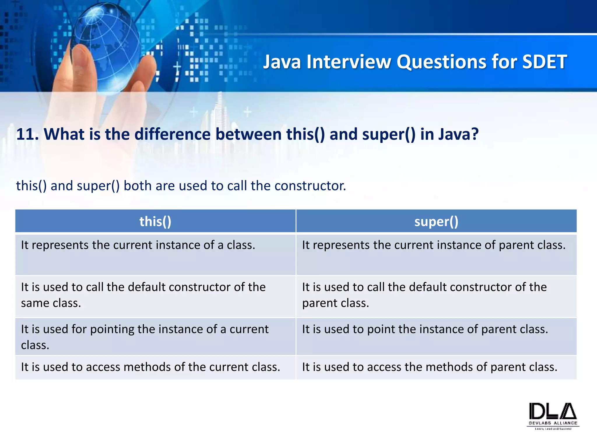 Dev labs alliance top 20 basic java interview question for sdet | PPT