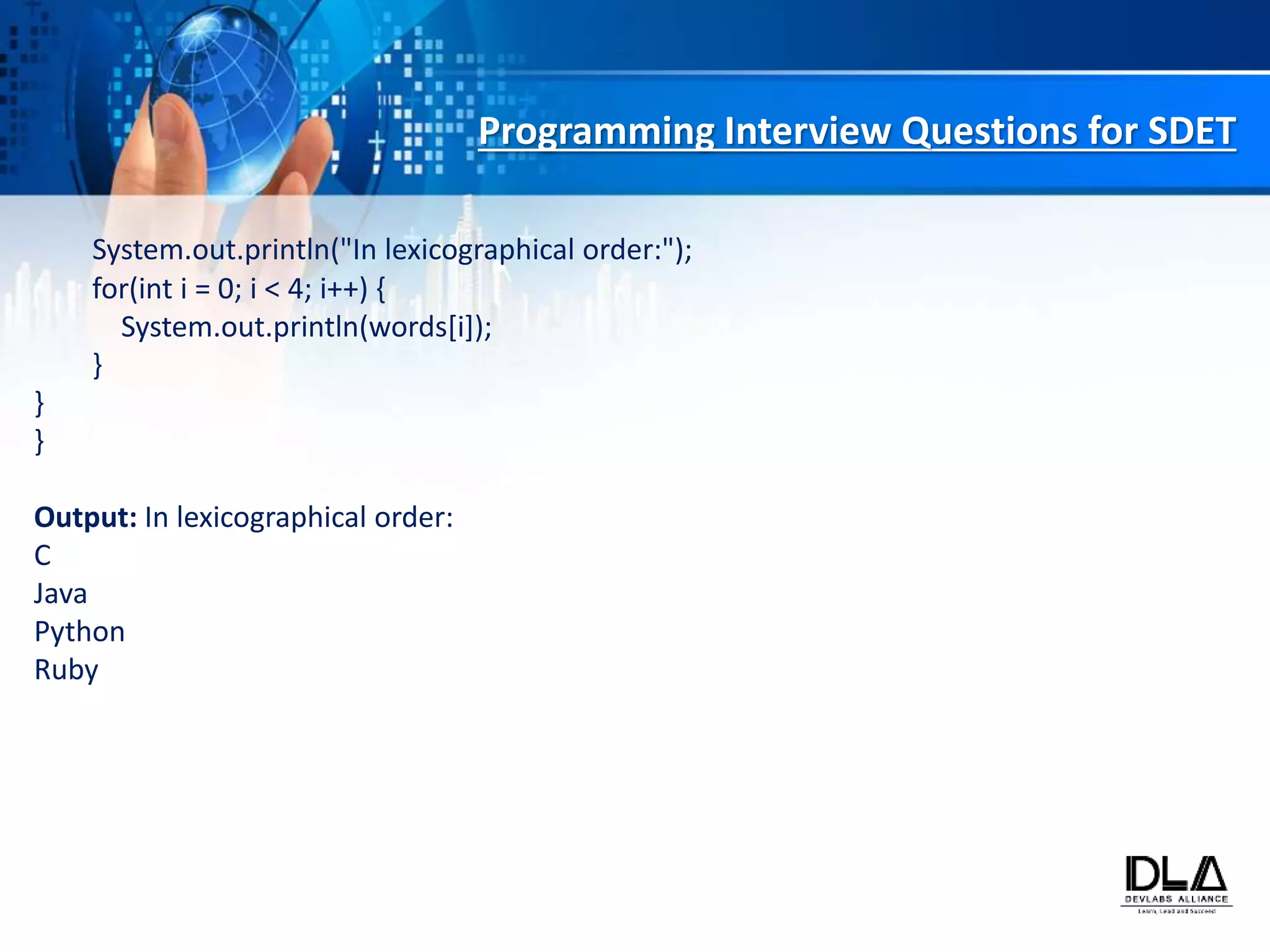 Top 20 java programming interview questions for sdet | PPT