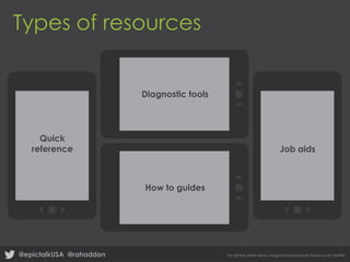 Types of resources

Diagnostic tools

Quick
reference

Job aids

How to guides

@epictalkUSA @rahaddon

For all the latest news, insight and resources follow us on twitter

 