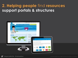 2. Helping people find resources
support portals & structures

@epictalkUSA @rahaddon

For all the latest news, insight and resources follow us on twitter

 