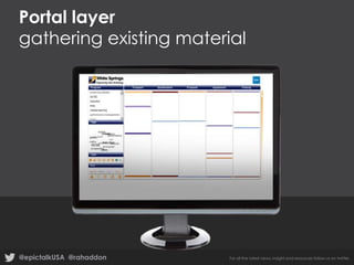 Portal layer
gathering existing material

@epictalkUSA @rahaddon

For all the latest news, insight and resources follow us on twitter

 