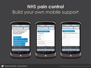 NHS pain control
Build your own mobile support

@epictalkUSA @rahaddon

For all the latest news, insight and resources follow us on twitter

 