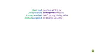 Claire read Business Writing for
ProfessionalsJohn practiced frosting birthday cakes
Lindsey watched the Company History video
Rashad completed Oil Change Upselling
 