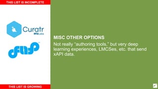 MISC OTHER OPTIONS
Not really “authoring tools,” but very deep
learning experiences, LMCSes, etc. that send
xAPI data.
THIS LIST IS INCOMPLETE
THIS LIST IS GROWING
 