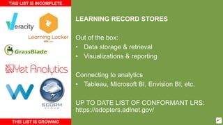 LEARNING RECORD STORES
Out of the box:
• Data storage & retrieval
• Visualizations & reporting
Connecting to analytics
• Tableau, Microsoft BI, Envision BI, etc.
UP TO DATE LIST OF CONFORMANT LRS:
https://adopters.adlnet.gov/
THIS LIST IS INCOMPLETE
THIS LIST IS GROWING 35
 