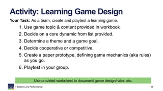 56Bottom-Line Performance
Activity: Learning Game Design
Your Task: As a team, create and playtest a learning game.
1. Use...