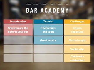 Introduction
Why you are the
hero of your bar
Tutorial
Techniques
and tools
Great service
Challenges
Cosmo
collection
Martini magic
Vodka vibe
Caipiroska
celebration
 