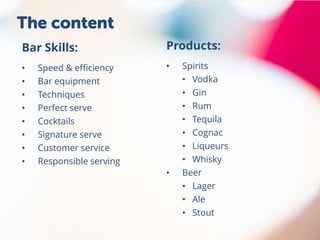 Bar Skills:
• Speed & efficiency
• Bar equipment
• Techniques
• Perfect serve
• Cocktails
• Signature serve
• Customer service
• Responsible serving
The content
Products:
• Spirits
• Vodka
• Gin
• Rum
• Tequila
• Cognac
• Liqueurs
• Whisky
• Beer
• Lager
• Ale
• Stout
 