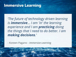 ‘The future of technology driven learning
is immersive… I am 'in' the learning
experience and I am practicing doing
the things that I need to do better. I am
making decisions.’
- Koreen Pagano - Immersive Learning
Immersive Learning
 