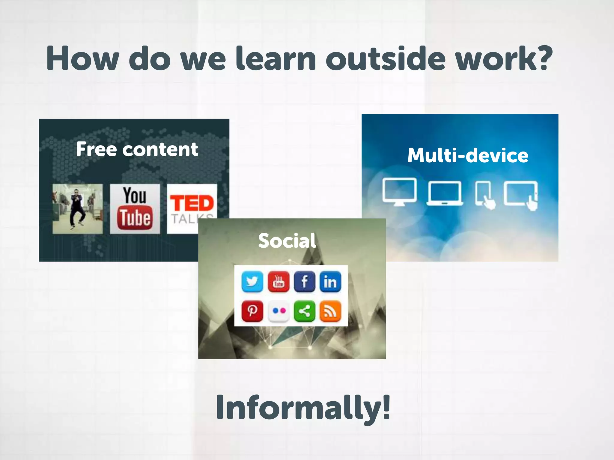 How do we learn outside work? 
Free content Multi-device 
Social 
Informally! 
 