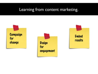 Learning from content marketing.

Campaign
for
change

Design
for
engagement

Embed
results

 