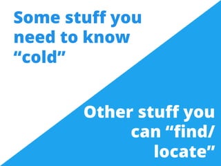 Some stuff you 
need to know 
“cold” 
Other stuff you 
can “find/ 
locate” 
 
