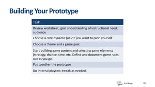 Karl Kapp
Building YourPrototype
Task
Review worksheet; gain understanding of instructional need,
audience
Choose a core dynamic (or 2 if you want to push yourself
Choose a theme and a game goal.
Start building game content and selecting game elements
(strategy, chance, time, etc. Define and document game rules
out as you go.
Put together the prototype
Do internal playtest; tweak as needed.
66
 