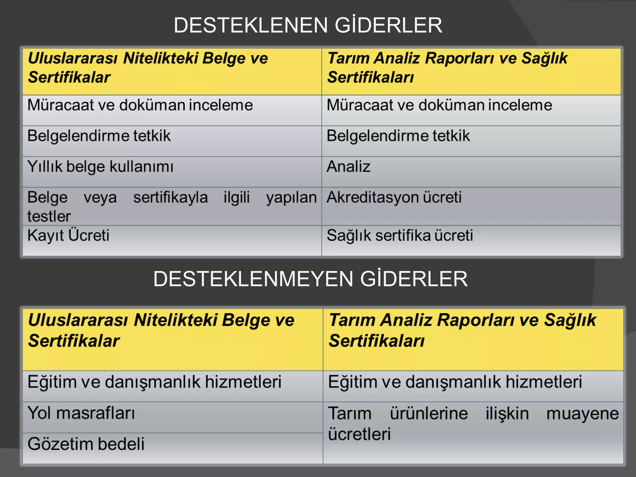 DESTEKLENEN GİDERLER DESTEKLENMEYEN GİDERLER 