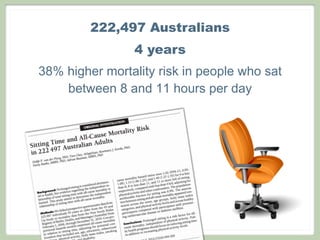 222,497 Australians
4 years
38% higher mortality risk in people who sat
between 8 and 11 hours per day
 