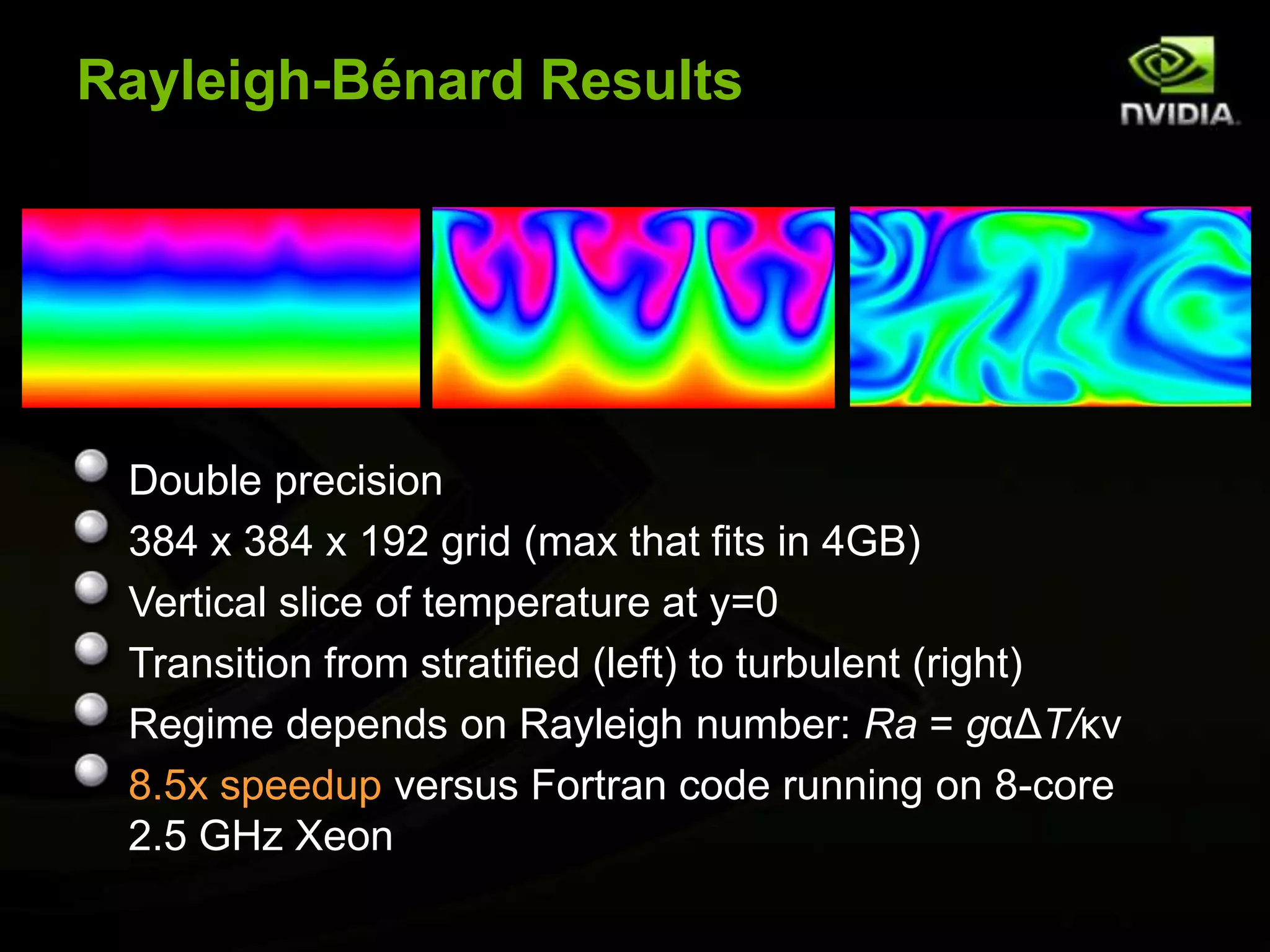 Rayleigh-Bénard ResultsDouble precision384 x 384 x 192 grid (max that fits in 4GB)Vertical slice of temperature at y=0Transition from stratified (left) to turbulent (right)Regime depends on Rayleigh number: Ra = gαΔT/κν8.5x speedup versus Fortran code running on 8-core 2.5 GHz Xeon