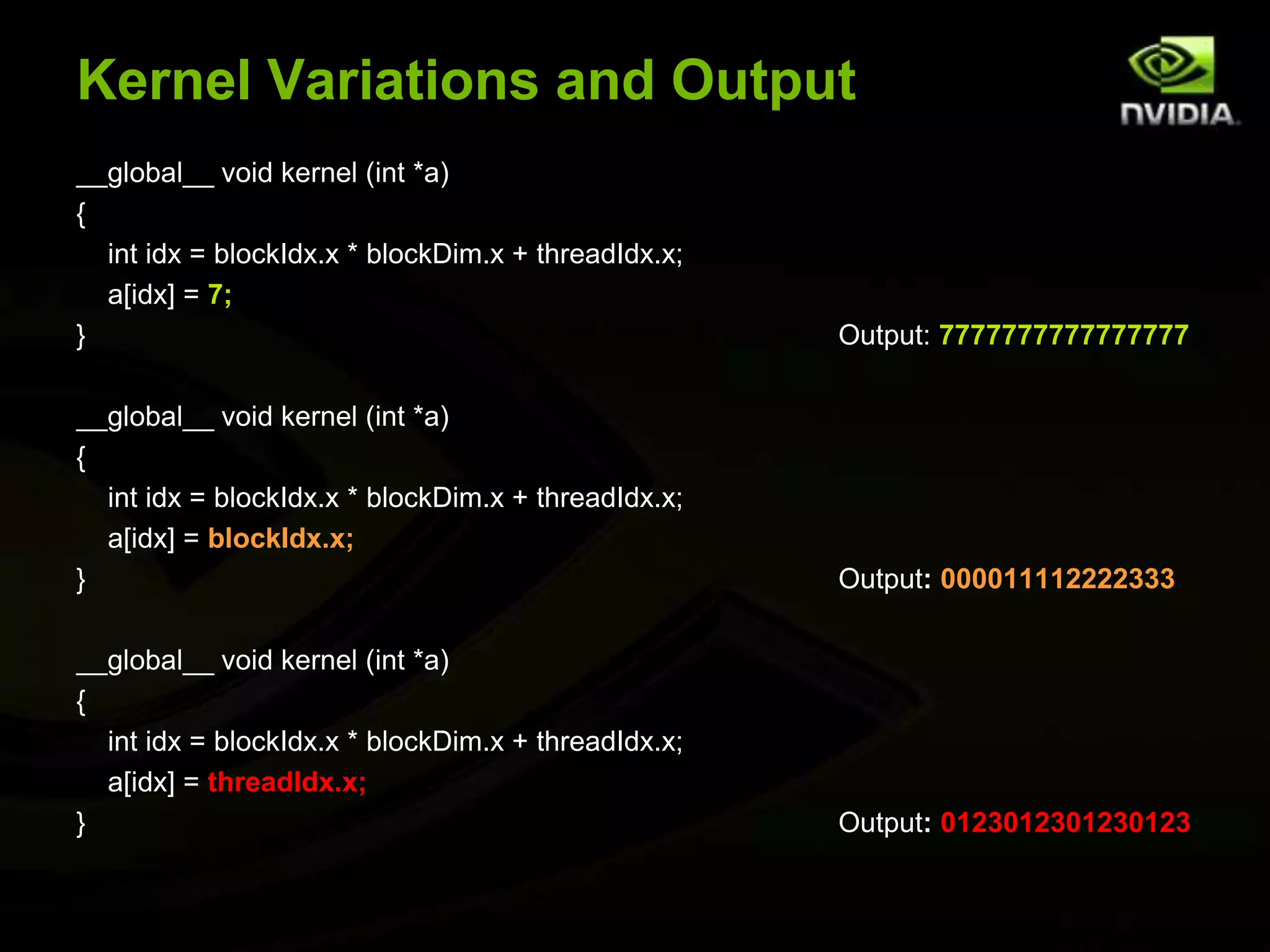 Kernel Variations and Output__global__ void kernel (int*a){intidx = blockIdx.x * blockDim.x + threadIdx.x;   a[idx] = 7;}						Output: 7777777777777777__global__ void kernel (int *a){intidx = blockIdx.x * blockDim.x + threadIdx.x;    a[idx] = blockIdx.x;}						Output: 000011112222333__global__ void kernel (int *a){intidx = blockIdx.x * blockDim.x + threadIdx.x;    a[idx] = threadIdx.x;}						Output: 0123012301230123