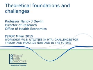 Theoretical foundations and
challenges
Professor Nancy J Devlin
Director of Research
Office of Health Economics
ISPOR Milan 2015
WORKSHOP W18: UTILITIES IN HTA: CHALLENGES FOR
THEORY AND PRACTICE NOW AND IN THE FUTURE
 