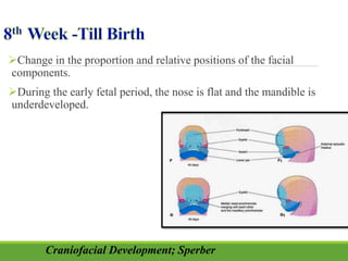 Change in the proportion and relative positions of the facial
components.
During the early fetal period, the nose is flat and the mandible is
underdeveloped.
Craniofacial Development; Sperber
 