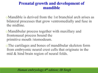 Prenatal growth and development of
mandible
oMandible is derived from the 1st branchial arch arises as
bilateral processes that grow ventromedially and fuse in
the midline.
oMandibular process together with maxillary and
frontonasal process bound the
primitive mouth /stomodeum.
oThe cartilages and bones of mandibular skeleton form
from embryonic neural crest cells that originate in the
mid & hind brain region of neural folds.
Human embryology;4th edition; IB Singh
 