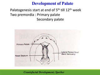 Development of Palate
Palatogenesis start at end of 5th till 12th week
Two premordia : Primary palate
Secondary palate
Craniofacial Development; Sperber
 