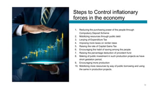 Steps to Control inflationary
forces in the economy
1. Reducing the purchasing power of the people through
Compulsory Depo...