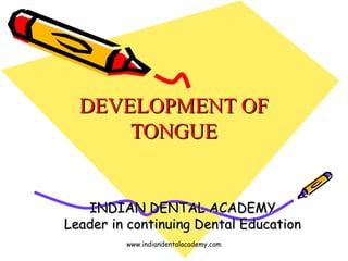 DEVELOPMENT OFDEVELOPMENT OF
TONGUETONGUE
INDIAN DENTAL ACADEMYINDIAN DENTAL ACADEMY
Leader in continuing Dental EducationLeader in continuing Dental Education
www.indiandentalacademy.com
 