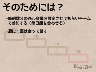 そのためには？
•毎朝数分のWeb会議を設定させてもらいチーム
で参加する（毎日顔を合わせる）
•週に１回は会って話す
 
