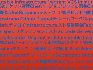 Gitチケット管理Chefバージョ
動化JUnitSeleniumテストフ
apsitrano Github Puppetテ
abricデプロイInfrastructure
erspec リグレッションテスト
frastructure Vagrant VCS
アジャイル開発Gitチケット管理C
ン管理ビルド自動化JUnitSeleni
レームワークCapsitrano Githu
スト駆動開発FabricデプロイInfr
as code Serverspec リグレッ
理Chefバージョ
eniumテストフ
hub Puppetテ
nfrastructure
レッションテスト
アジャイル開発Git
ン管理ビルド自動化
レームワークCaps
スト駆動開発Fabr
as code Servers
Immutable Infra
utable Infrastructure Vagrant VCS Immuta
 