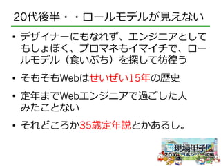 20代後半・・ロールモデルが⾒見見えない 
• デザイナーにもなれず、エンジニアとして 
もしょぼく、プロマネもイマイチで、ロー 
ルモデル（⾷食いぶち）を探して彷徨う 
• そもそもWebはせいぜい15年年の歴史 
• 定年年までWebエンジニアで過ごした⼈人 
みたことない 
• それどころか35歳定年年説とかあるし。 
 
