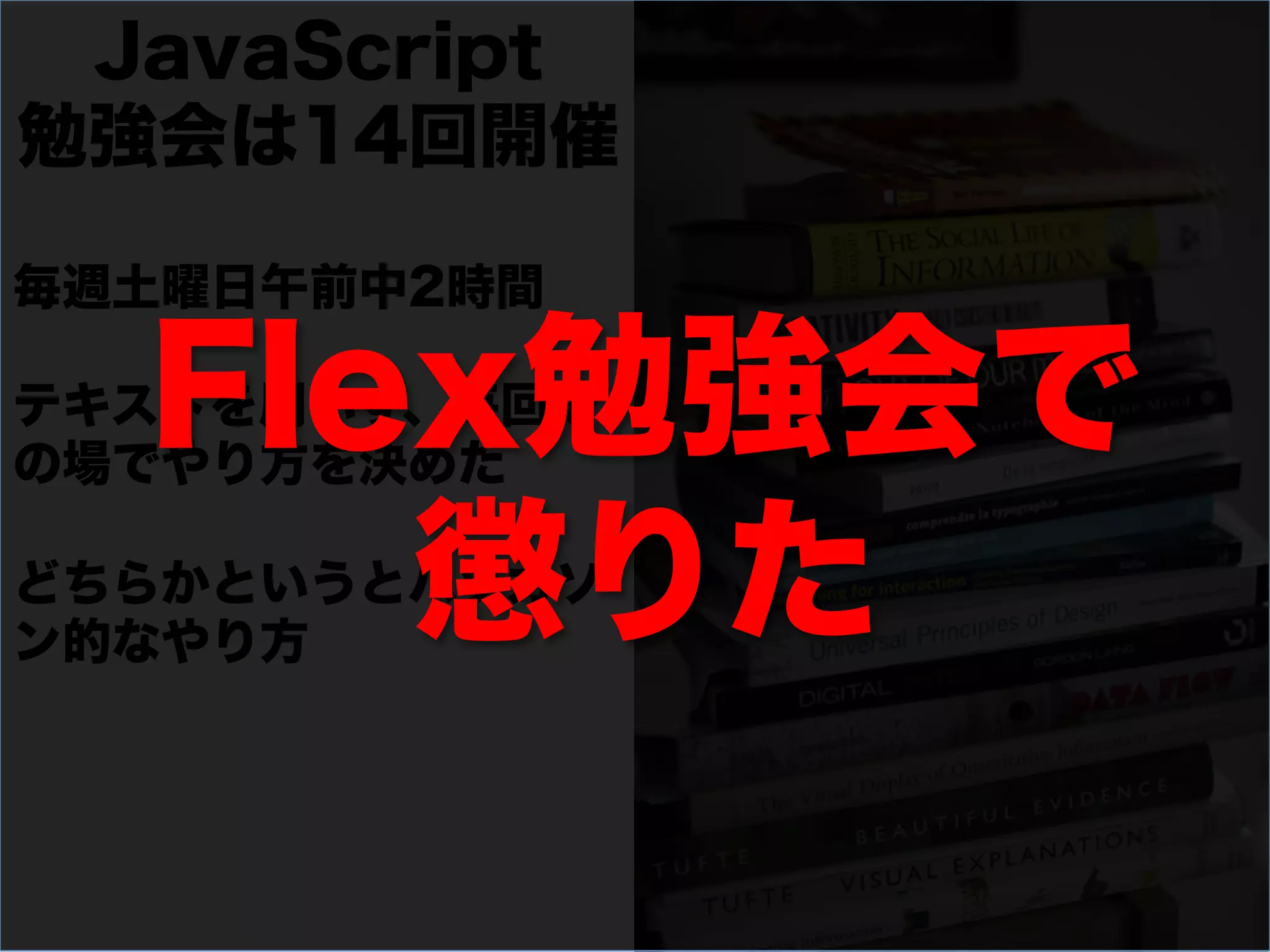 JavaScript
勉強会は14回開催

毎週土曜日午前中2時間

  Flex勉強会で
テキストを用いず、毎回そ
の場でやり方を決めた

     懲りた
どちらかというとハッカソ
ン的なやり方
 