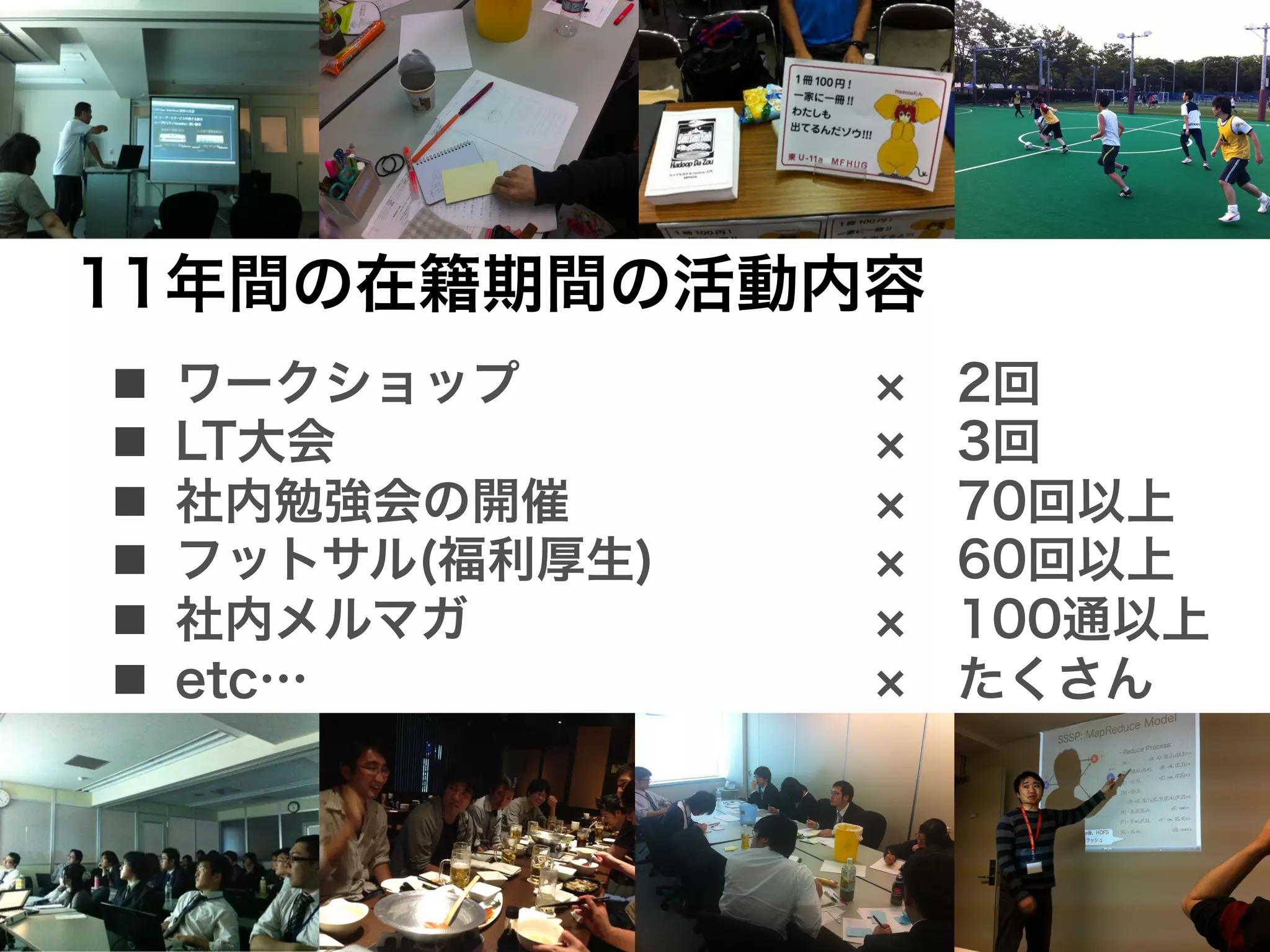  11年間の在籍期間の活動内容
 n    ワークショップ        2回
 n    LT大会           3回
 n    社内勉強会の開催       70回以上
 n    フットサル(福利厚生)    60回以上
 n    社内メルマガ         100通以上
 n    etc…           たくさん
 