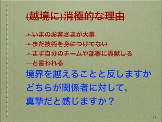 (越境に)消極的な理由
・いまのお客さまが大事
・まだ技術を身につけてない
・まず自分のチームや部署に貢献しろ
 と言われる
境界を越えることと反しますか
どちらが関係者に対して、
真 だと感じますか？
11
 