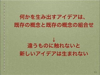 何かを生み出すアイデアは、
既存の概念と既存の概念の組合せ
↓
違うものに触れないと
新しいアイデアは生まれない
13
 
