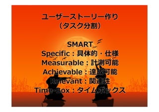 ユーザーストーリー作り
  （⾒積もり）

ポイントで⾒積もる
  相対⾒積もり
プランニングポーカー
 