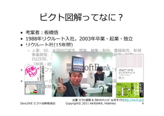 •
• 1988                             2003
•                    (15      )
    –           SE     MIT

        ISIZE
    –
•                                      (5       )(
        )
•                                         ( )
    –


                               出展：ピクト図解 & 3W1Hメソッド 公式サイト(http://3w1h.jp/)
DevLOVE                    Copyright© 2011 AKASAKA, Hidehiko            4
 