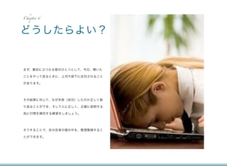 Chapter 6




どうしたらよい？


まず、最初にぶつかる壁のひとつとして、今日、聞いた

ことをやって見るときに、上司や部下に反対されること

があります。




その結果に対して、なぜ失敗（成功）したのか正しく振

り返ることができ、そして人に正しく、正確に説明する

為に行間を補完する練習をしましょう。




そうすることで、自分自身の頭の中を、整理整頓するこ

とができます。
 