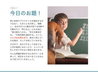 Chapter 3




今日のお題！
単に技術やプラクティスを暗記するの
ではなく、ものごとを分析し、理解
し、 自分の行いに責任が持てる判断や
行動を行う「考える人」になる為に、
「話の筋をつかむ」「対立を解消す
る」「中間目標を達成する」という、
シンプルな考え方で、相手と同じゴー
ルを描き、そして共有していきます。
その中で、自分でやるって決めても、
上司が納得しなかったり、メンバーが
忙しすぎてやれない場合もあります。
そんな問題を解決するためのツールを
使って、明日からやるべきことをみん
なで見つけていきましょう。
 