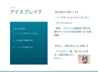 Section 1




アイスブレイク                       【自己紹介に書くこと】

                              ・ニックネーム or キャッチコピー

                              ・やっていること

     yarikata                 ・最近、アジャイル勉強会で得た知
                              識をやってみての成功体験（or 失敗
     1. ４，５人のグループになる。
                              体験）

     2. 自己紹介を書きます。


                              【今日、一番の成功（or 失敗）】
     3. １人１分で話をする。

                              ・チームで、一番、気になった成
                              功、失敗を選んでく
                              ださい。


                        -7-
 
