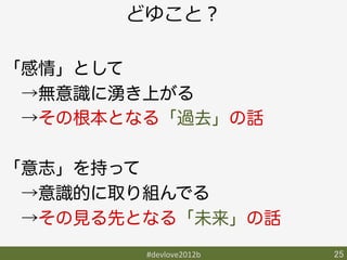 どゆこと？

「感情」として
 →無意識に湧き上がる
 →その根本となる「過去」の話

「意志」を持って
 →意識的に取り組んでる
 →その見る先となる「未来」の話
        #devlove2012b	
   25	
 