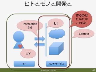 ヒトとモノと開発と

                                    作るのは	
  
                                    たかだか
InteracFon	
                 UI	
   この辺り	
    (Ix)	
                                     Context	




  UX	

ヒト	
                    モノやサービス	

                 #devlove2012b	
                 47	
 